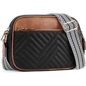 Quilted Vegan Leather Crossbody Black Bag Women Wide Strap and Shoulder Use
